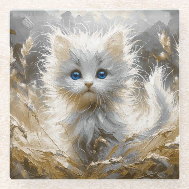 Precious White Kitten  Glass Coaster (Front)