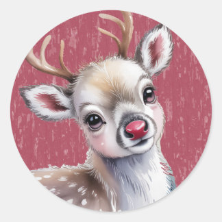 Precious White Reindeer Red Shiny Nose Birthday Classic Round Sticker