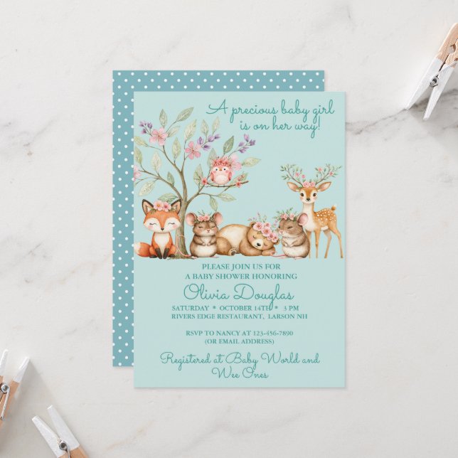 Precious Woodland Animals Baby Shower Invitation (Front/Back In Situ)