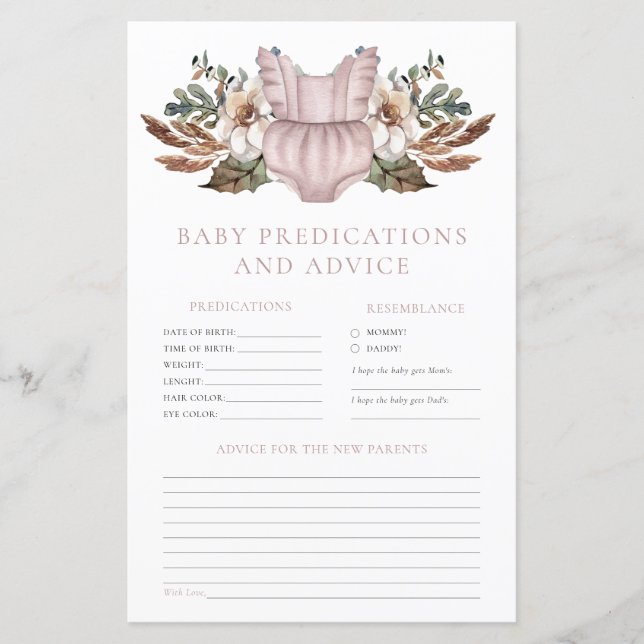 Predications and Advice Cute Boho Baby Shower Game (Front)