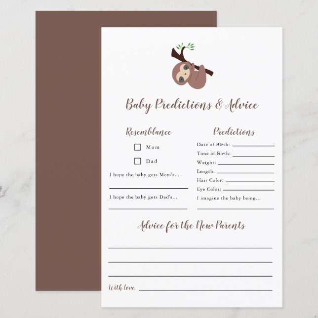 Predictions & Advice Cute Sloth Baby Shower Game (Front/Back)