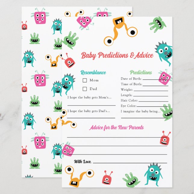 Predictions Advice Little Monster Baby Shower Game (Front/Back)