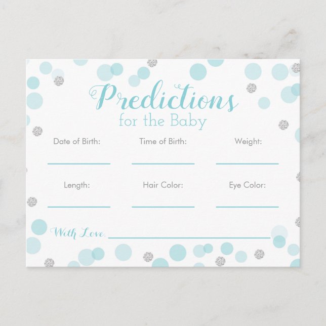 Predictions for Baby Baby Shower Game Blue Silver Invitation Postcard (Front)