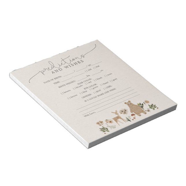 Predictions Wishes Baby Shower Game Boho Woodland Notepad (Angled)