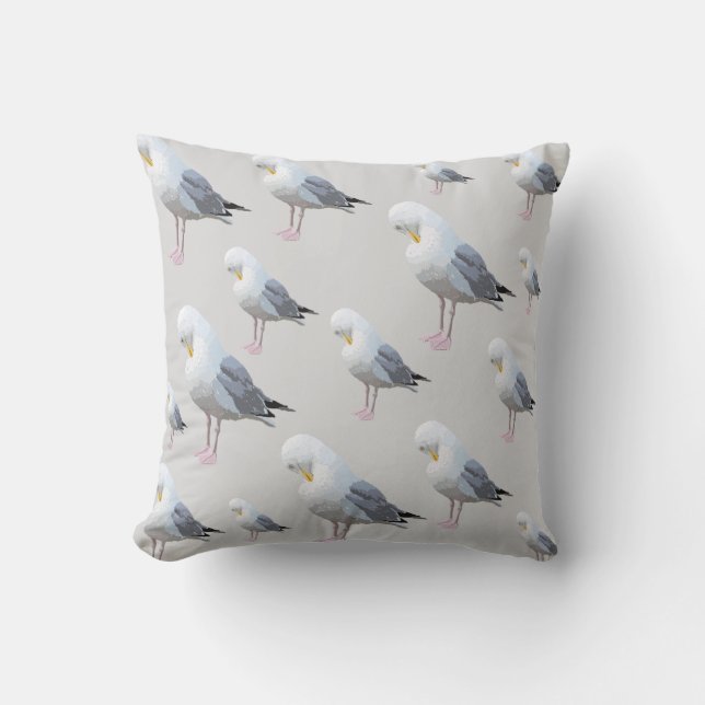 Preening Gull Pattern on Grey. Cushion (Front)