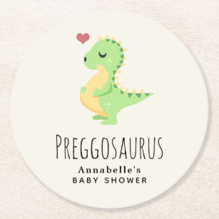 Preggosaurus Cute Dinosaur Baby Shower  Round Paper Coaster
