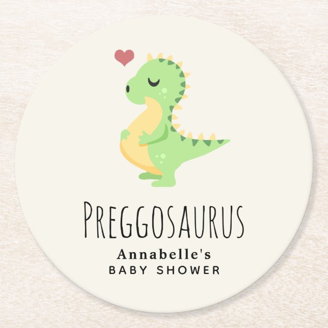 Preggosaurus Cute Dinosaur Baby Shower  Round Paper Coaster (Front)