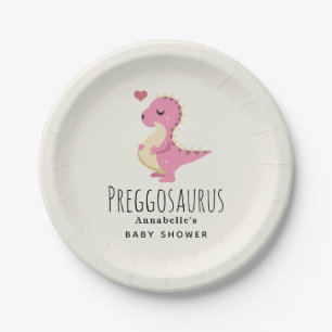 Preggosaurus Cute Dinosaur Girl Baby Shower Paper Plate