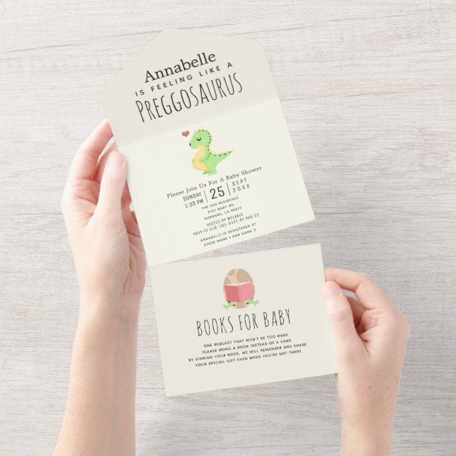 Preggosaurus Cute Funny Dinosaur Baby shower All In One Invitation (Tearaway)