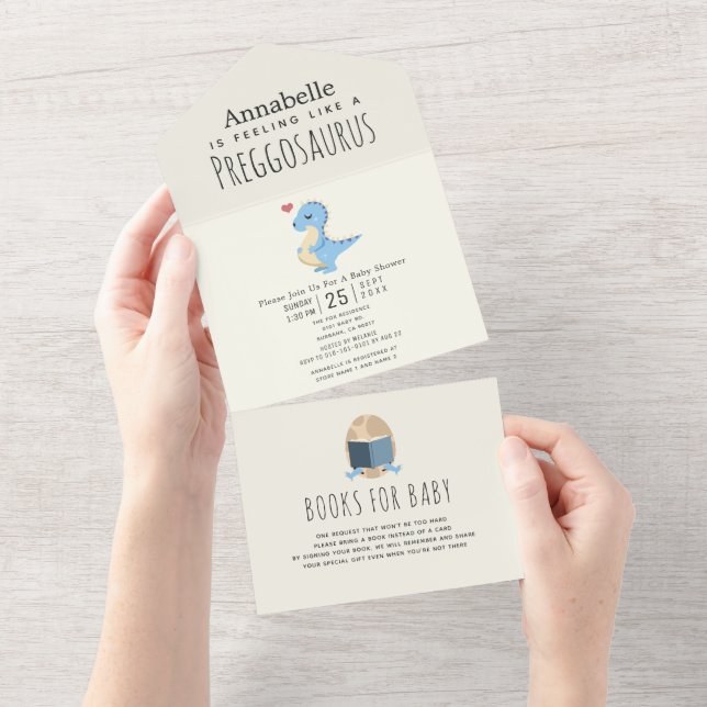 Preggosaurus Cute Funny Dinosaur Boy Baby shower All In One Invitation (Tearaway)