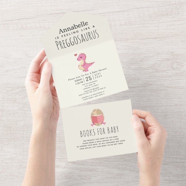 Preggosaurus Cute Funny Dinosaur Girl Baby shower All In One Invitation (Tearaway)