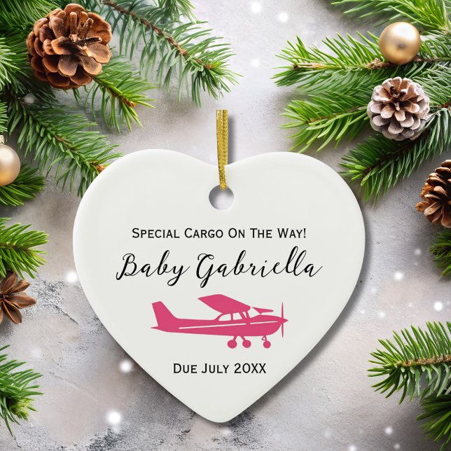 Pregnancy Announcement Baby Photo Pink Cessna Xmas Ceramic Tree Decoration (front)