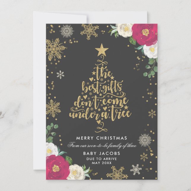 Pregnancy Announcement Christmas Card Floral Frame (Front)
