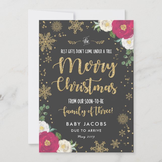 Pregnancy Announcement Christmas Card Floral Frame (Front)