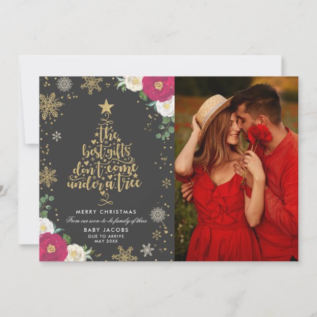 Pregnancy Announcement Christmas Photo Card Floral (Front)