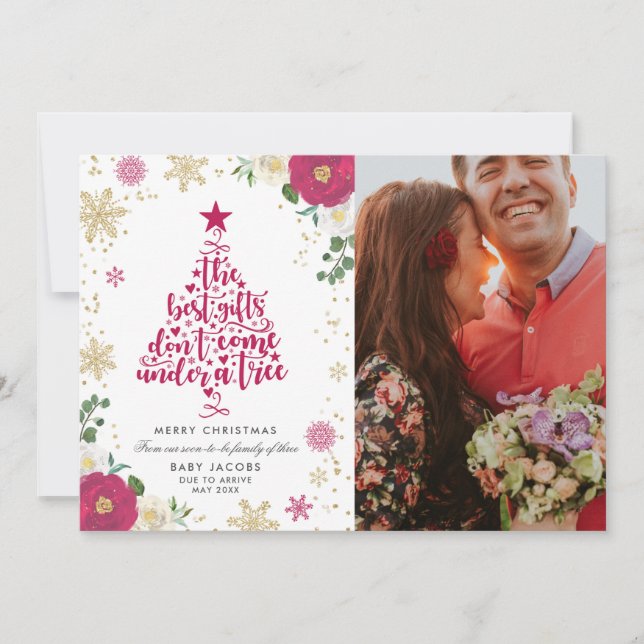 Pregnancy Announcement Christmas Photo Card Floral (Front)
