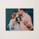 Pregnancy Announcement Coming Soon Script Photo Jigsaw Puzzle<br><div class="desc">Fun way to announce you have a little one on the way. Send out to your family and friends in the mail and give them a lovely surprise.</div>