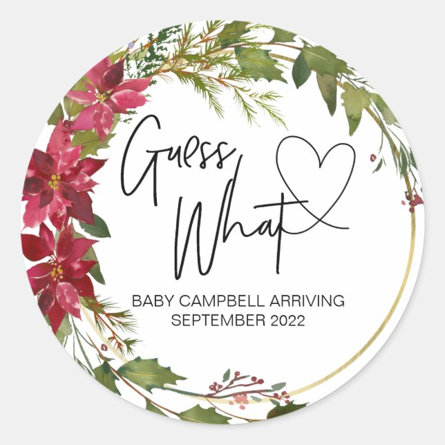 Pregnancy Announcement Guess What Baby Christmas Classic Round Sticker (Front)