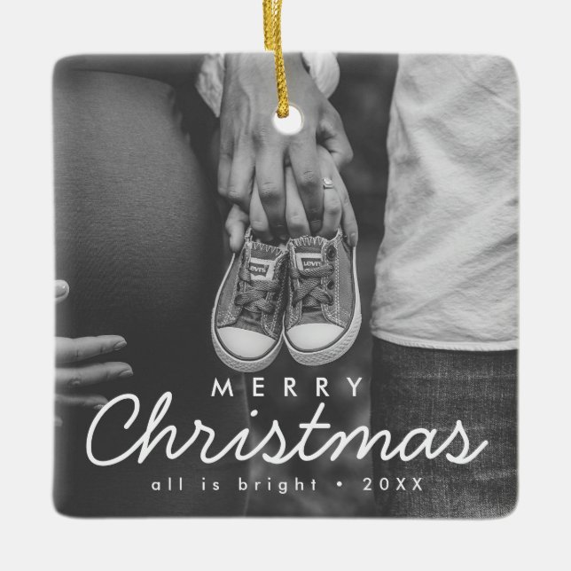 Pregnancy Announcement Photo Christmas Ceramic Ornament (Front)