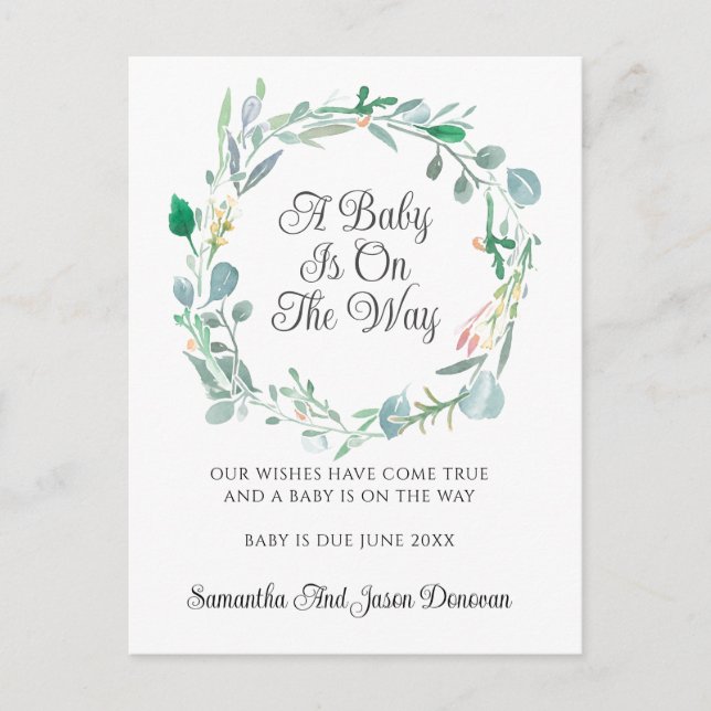 Pregnancy Announcement Pink Green Floral Wreath Postcard (Front)