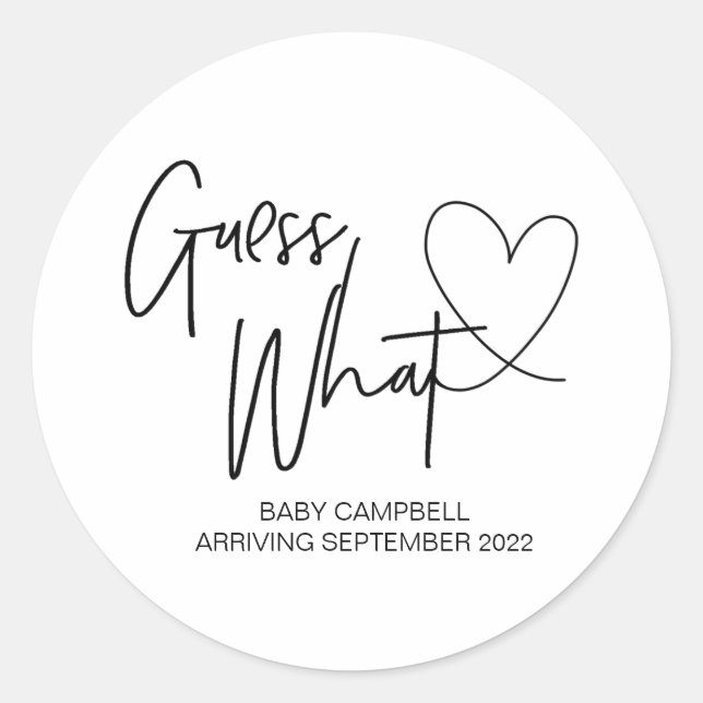 Pregnancy Announcement Reveal Guess What Baby Classic Round Sticker (Front)