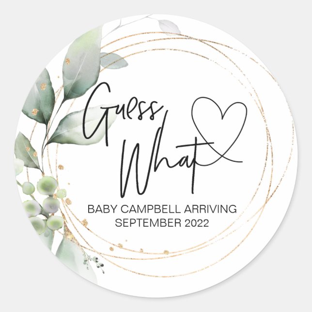 Pregnancy Announcement Reveal Guess What Baby Classic Round Sticker (Front)