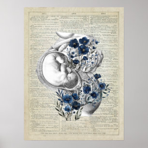 Pregnancy Artwork Anatomy Womb with Blue Flowers Poster