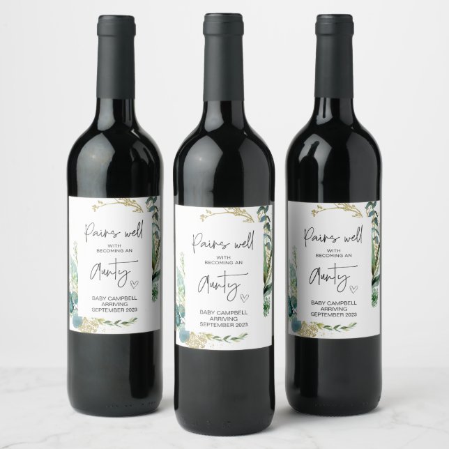 Pregnancy Baby Announcement Aunt to Be New Aunty W Wine Label (Bottles)
