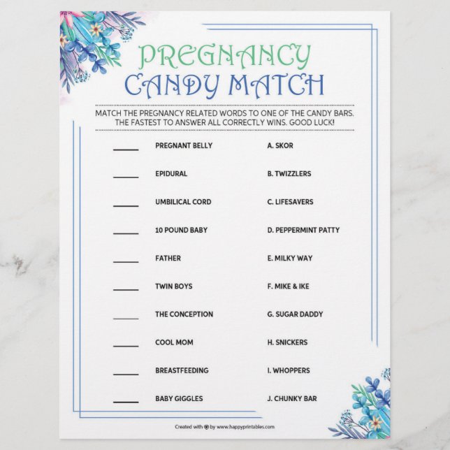 Pregnancy Candy Match [Blue Floral] Custom Letterhead (Front)