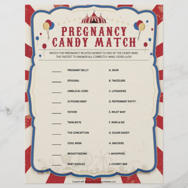 Pregnancy Candy Match [Circus Theme] Custom Letterhead (Front)