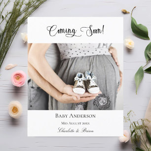 Pregnancy coming soon photo budget announcement flyer