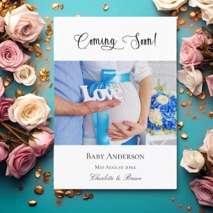 Pregnancy coming soon pregnant baby photo blue announcement