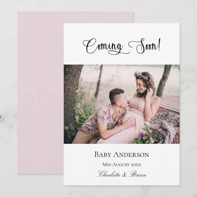 Pregnancy coming soon pregnant baby photo pink announcement (Front/Back)