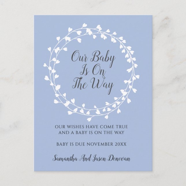 Pregnancy Heart Shaped Flower Buds Blue Announcement Postcard (Front)