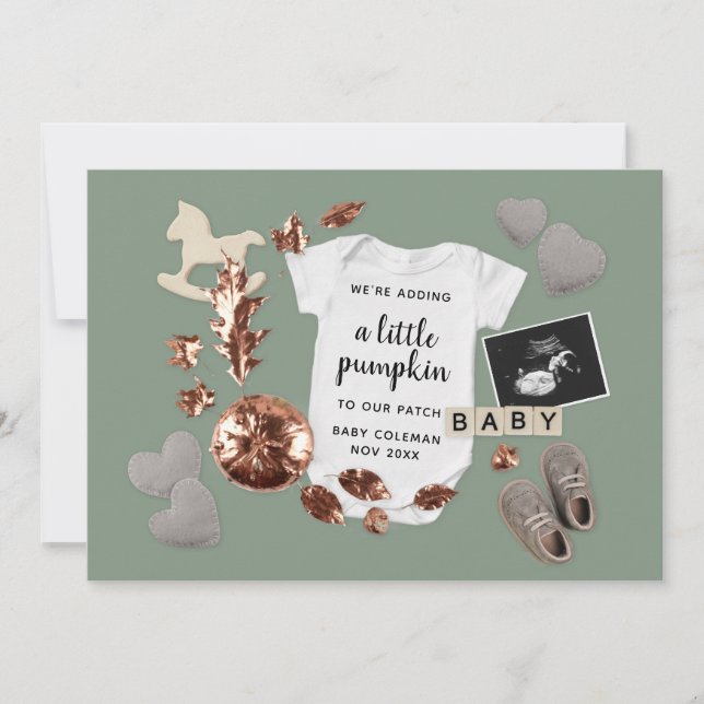 Pregnancy Reveal Fall Thanksgiving Pumpkin Sage Announcement (Front)