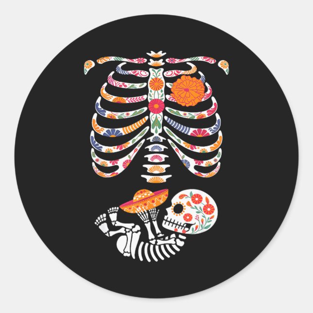 Pregnancy Skeleton Belly Day Of The Dead Dia De Lo Classic Round Sticker (Front)