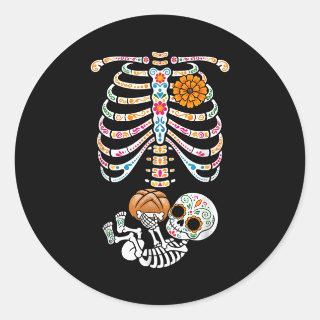 Pregnancy Skeleton Dia De Los Muertos Mexican Bell Classic Round Sticker (Front)