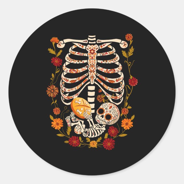 Pregnancy Skeleton Dia De Los Muertos Mexican Bell Classic Round Sticker (Front)