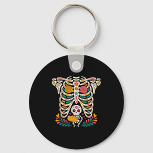 Pregnancy Skeleton Dia De Los Muertos Mexican Bell Key Ring