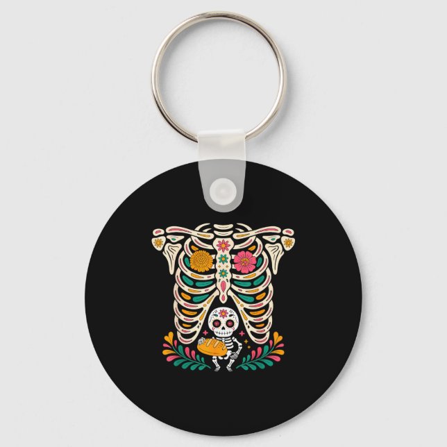 Pregnancy Skeleton Dia De Los Muertos Mexican Bell Key Ring (Front)