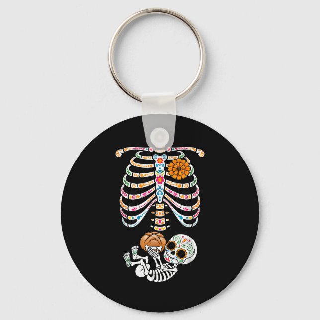 Pregnancy Skeleton Dia De Los Muertos Mexican Bell Key Ring (Front)