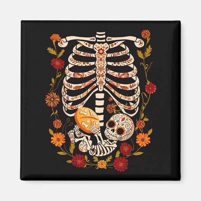 Pregnancy Skeleton Dia De Los Muertos Mexican Bell Magnet (Front)
