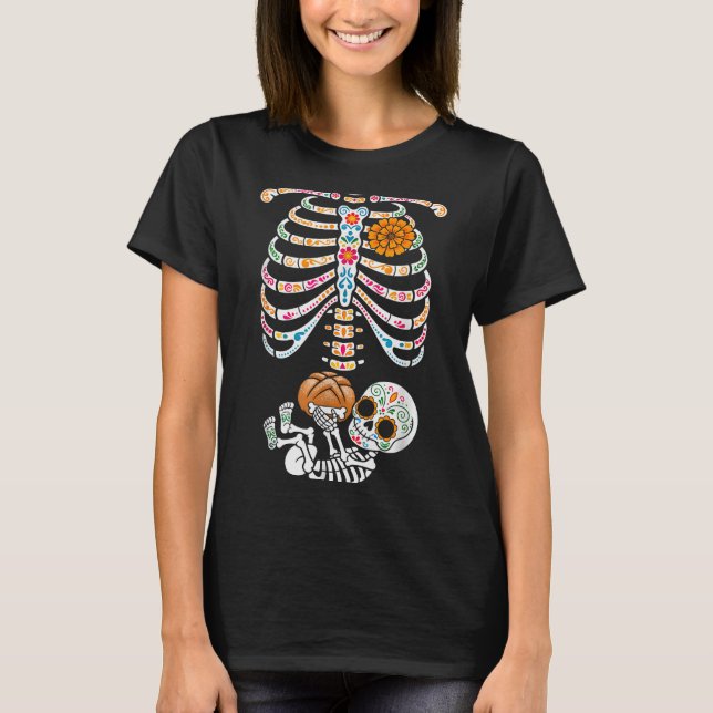 Pregnancy Skeleton Dia De Los Muertos Mexican Bell T-Shirt (Front)