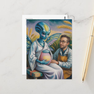 Pregnant Alien With Wings in Wheat Field Postcard