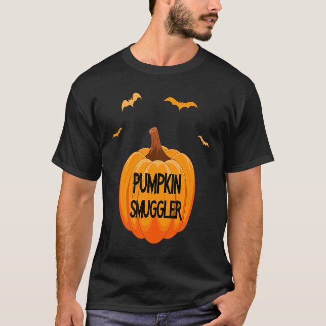 Pregnant announcement Halloween pumpkin smuggler T-Shirt (Front)