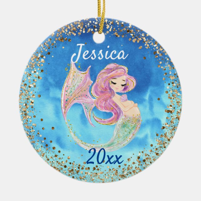 Pregnant Expecting Mermaid Gold Confetti Ceramic Tree Decoration (Front)