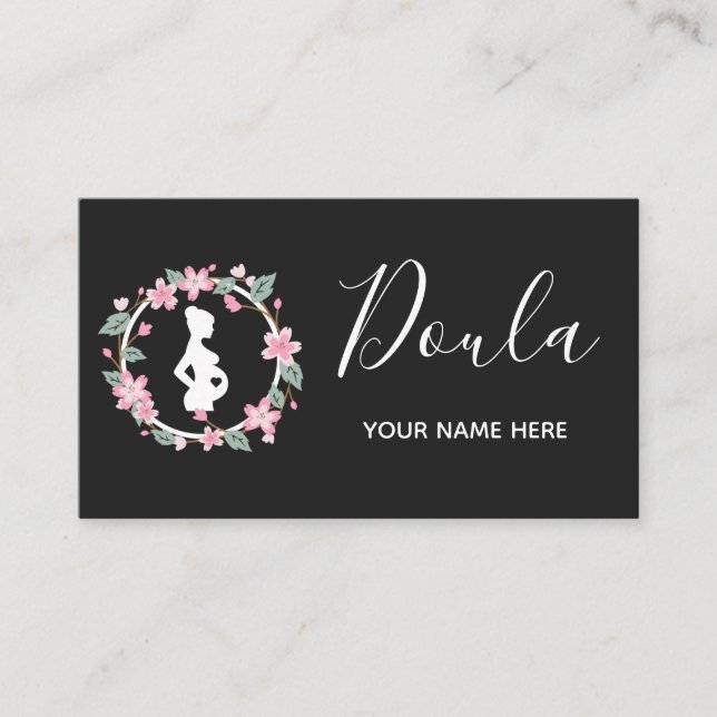 Pregnant Lady Silhouette Cute Floral Doula Midwife Business Card (Front)