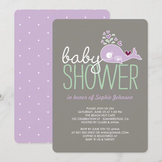 Pregnant Lilac Mummy Whale Girl Baby Shower Invite (Front/Back)