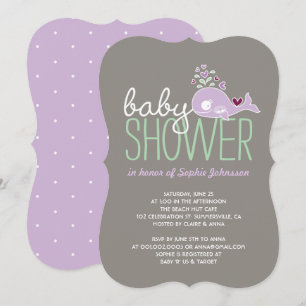 Pregnant Lilac Whale Twin Girls Baby Shower Invite
