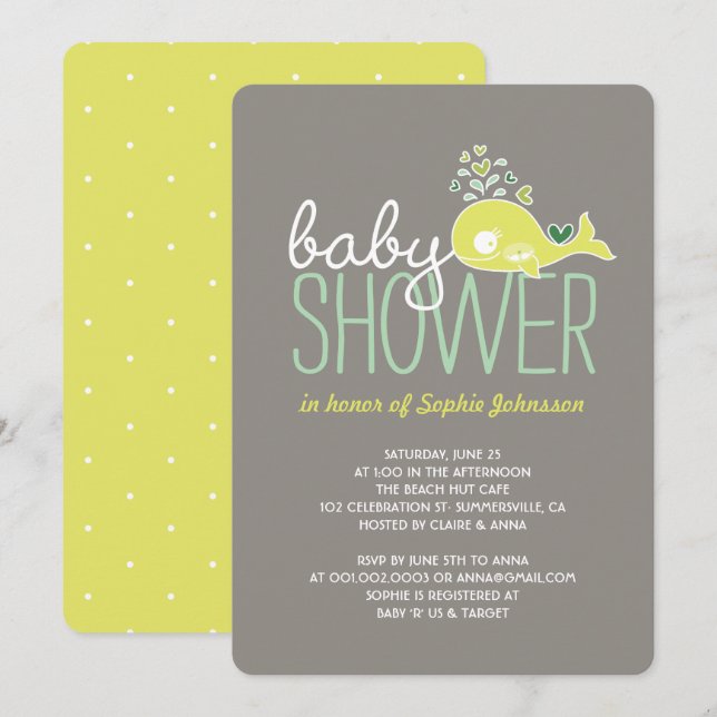Pregnant Lime Whale Twins Boy & Girl Baby Shower Invitation (Front/Back)